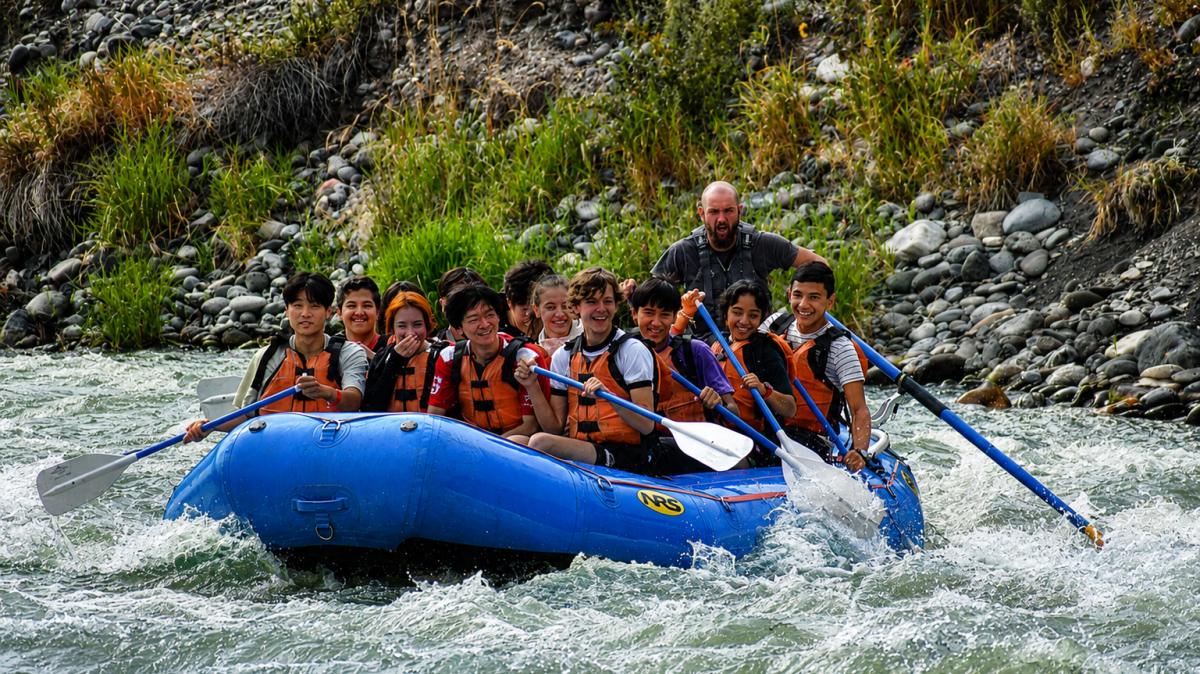 Group of people whitewater rafting in a blue inflatable boat on a river.