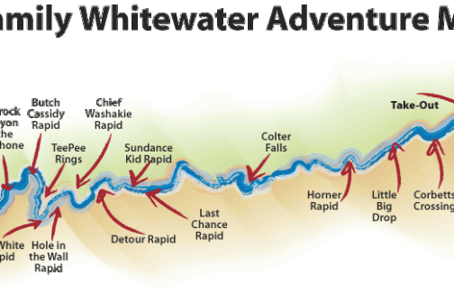 Illustrated map of a whitewater adventure with labeled rapids and locations.
