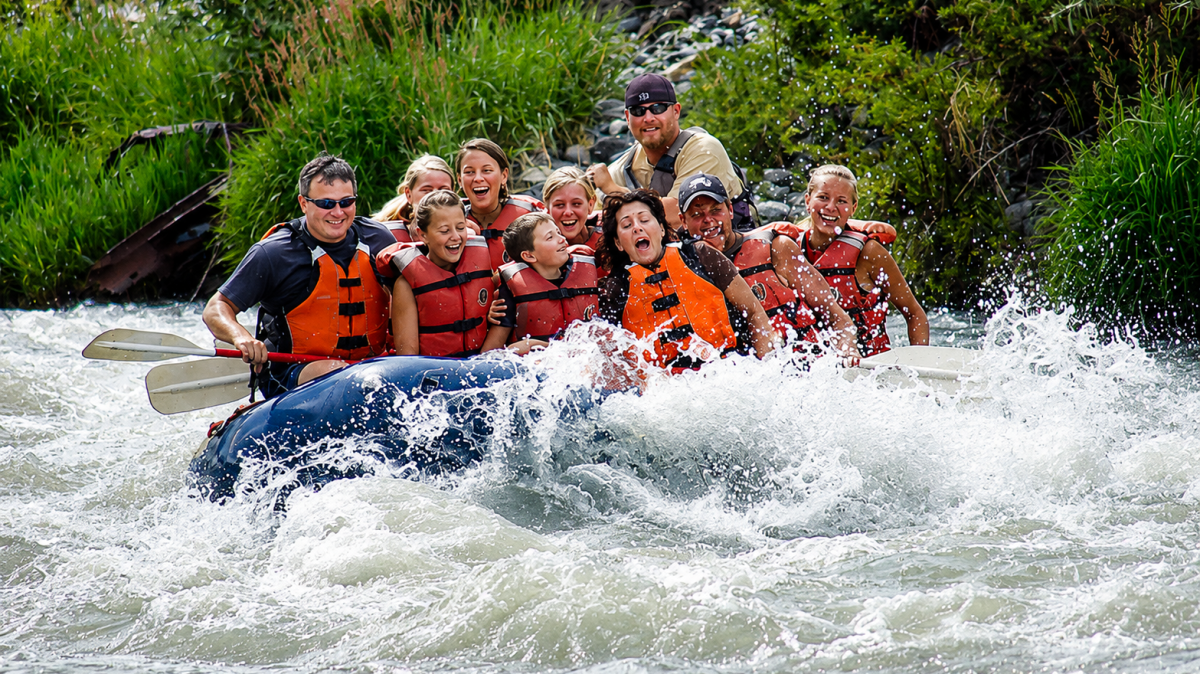 Group of people white-water rafting, wearing life jackets, and paddles splashing the water.